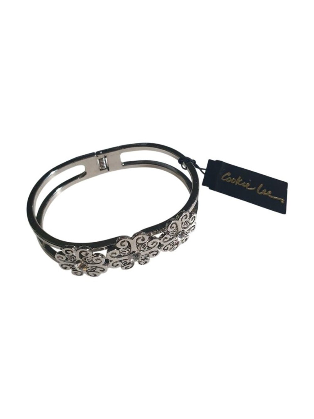 Cookie Lee Silver Tone Crystal Floral Cuff Bracelet Clam Tag New 2.5" Diameter